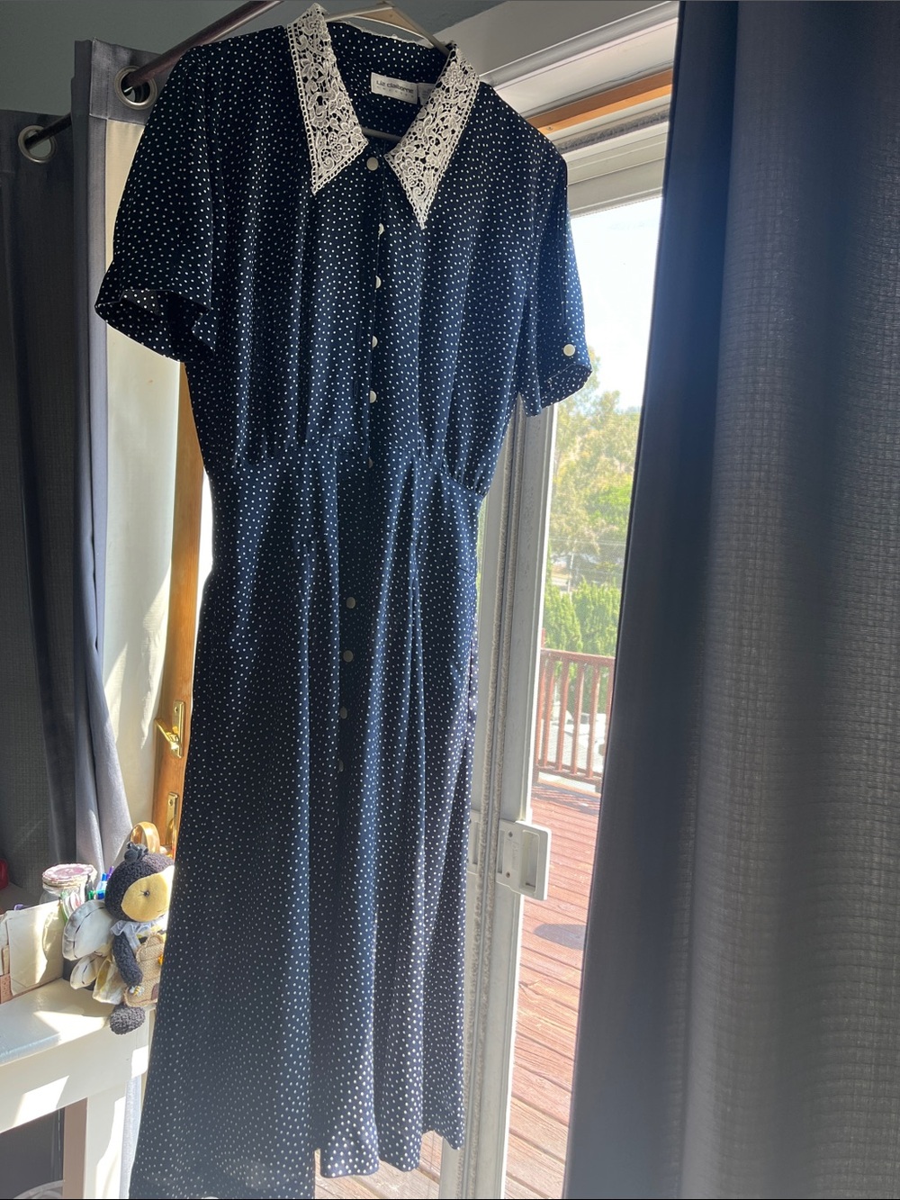 Liz Claiborne Navy Polka Dot Midi Dress with Lace Collar